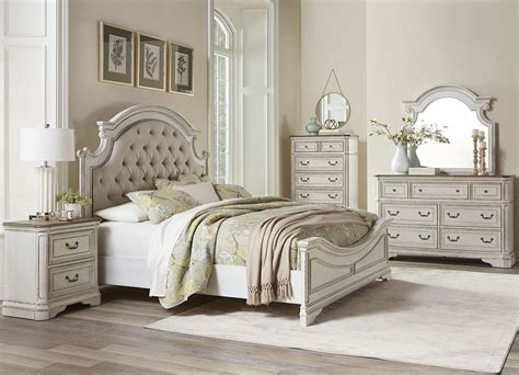 Stevenson Manor Distressed White Upholstered Panel Bedroom Set From