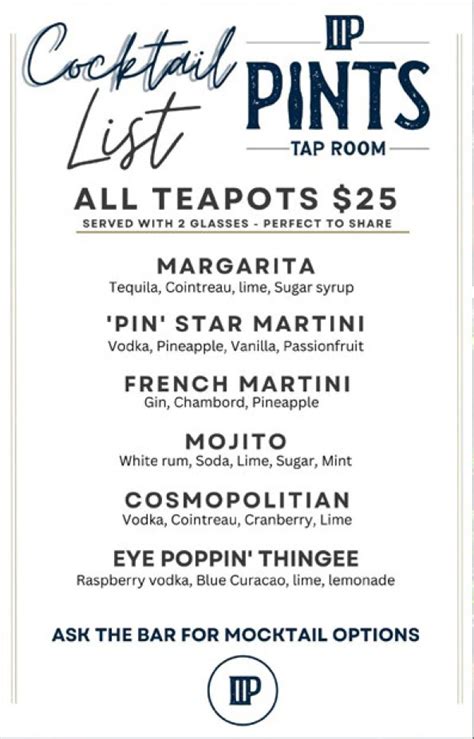 Tap Room Menu Pints