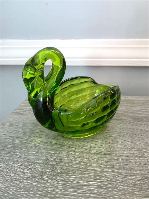 Vintage Glass Swan Candy Bowl Retro Green Heavy Glass Etsy