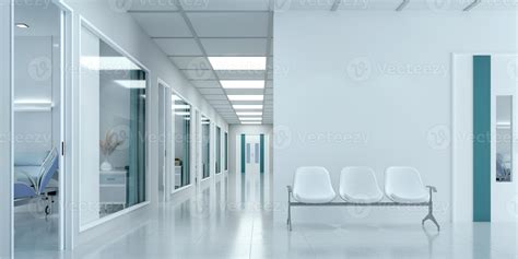 Empty Corridor In Modern Hospital With Waiting Area And Hospital Bed In