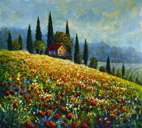 Summer Floral Landscape Oil Painting On Canvas Stock Image Image Of