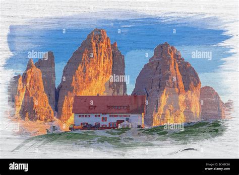 Dreizinnen Hut In Tre Cime Dolomites Italy Watercolor Painting Stock
