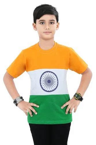Tri Colour Boys Half Sleeve Cotton India Flag Printed Round Neck T