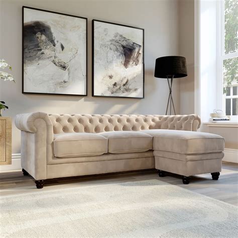 Hampton Champagne Velvet L Shape Chesterfield Corner Sofa Furniture And Choice