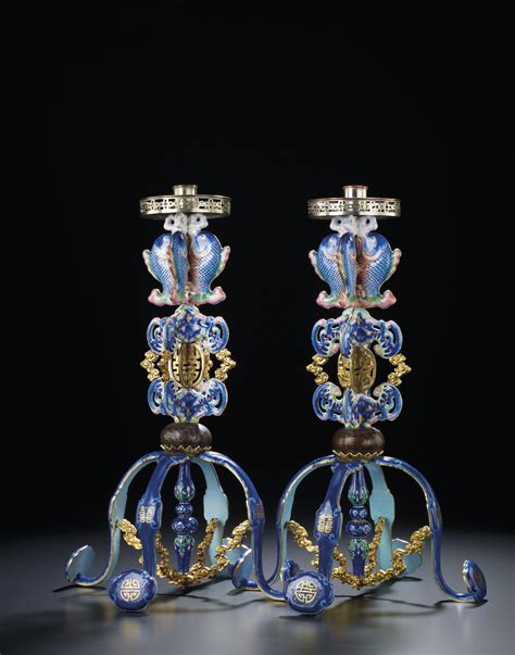 A Large Pair Of Canton Enamel Candlesticks Qing Dynasty 18th Century