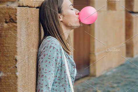 Young Teenage Girl Blowing Pink Bubble Gum Containing Girl Blow And