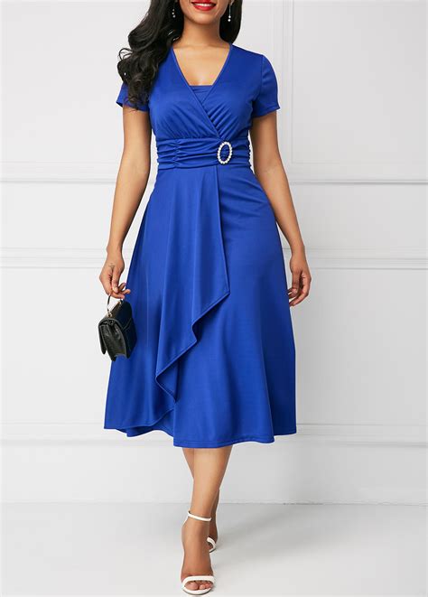 Asymmetric Hem V Neck Royal Blue Dress Rosewe Com Usd