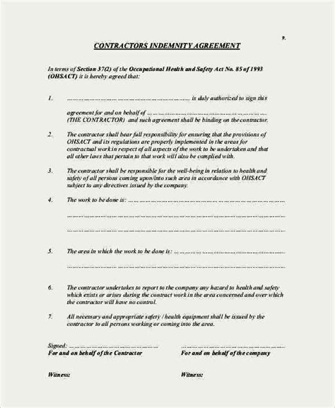 Contractors Indemnity Agreement Template Sample Templates