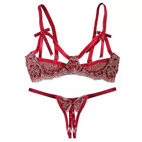 Sexy Lingerie Open Breasts Set Red Embroidery Bow Ribbon Temptation Long Time Ya 黛 Same