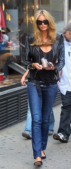 Elle Macpherson Black Top And Leather Jacket With Jeans With Images