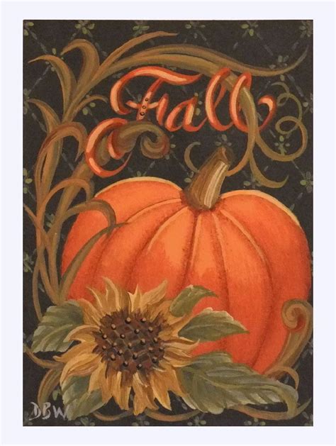 Aceo Original Acrylic Painting Folkart Pumpkin Sunflower Autumn Fall