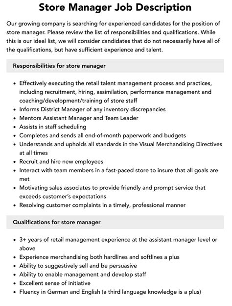 Store Manager Job Description Velvet Jobs