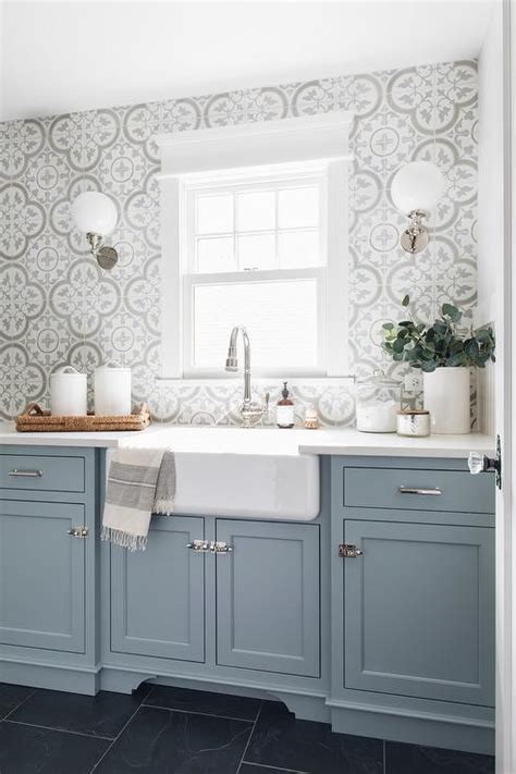 Blue Laundry Room Cabinets With Farmhouse Sink Transitional Laundry