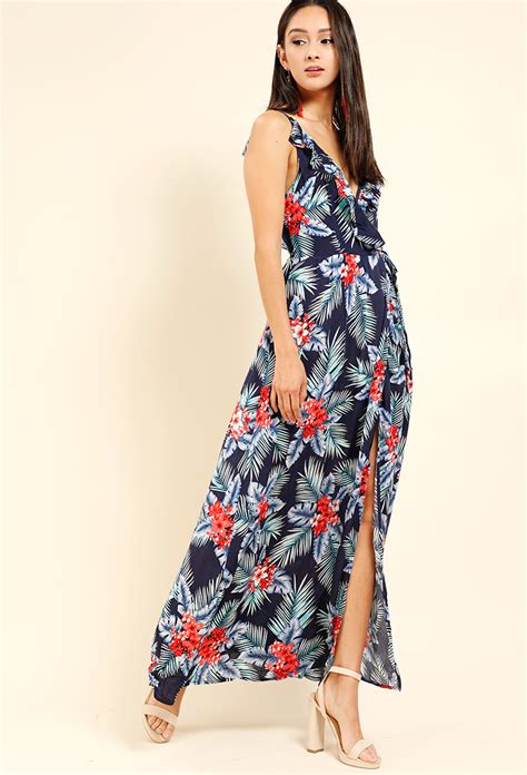 Tropical Floral Print Wrap Maxi Dress Shop Old Maxi Dresses At Papaya