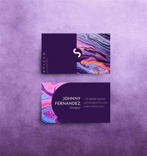 A Purple Business Card With An Abstract Swirl Design On The Front And