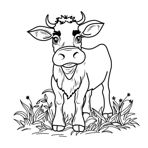 Coloring Page Of A Cow Calf Cute Funny Character Linear Illustration