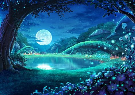 Moonlight Manga Reflection Blue Luminos Moon Mushroom Water