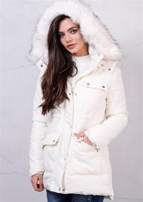 Faux Fur Hooded Padded Puffer Jacket Long Coat Cream White