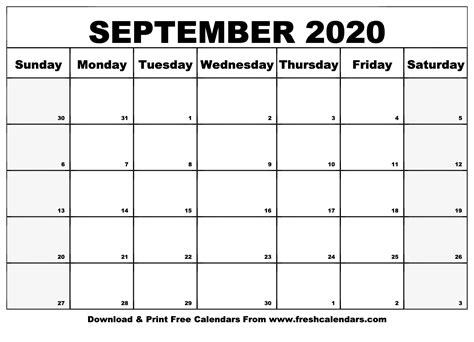 Free Editable Printable September 2020 Week Start With