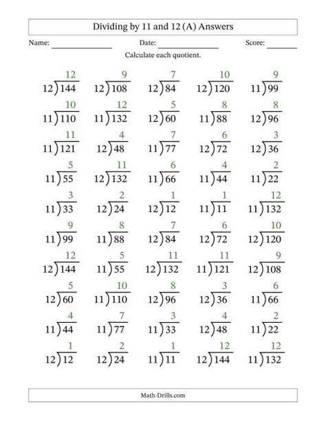 Division Facts By A Fixed Divisor 11 And 12 And Quotients From 1 To