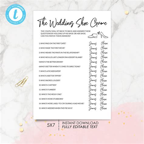 Bridal Shower The Wedding Shoe Game Editable Template Fun Etsy