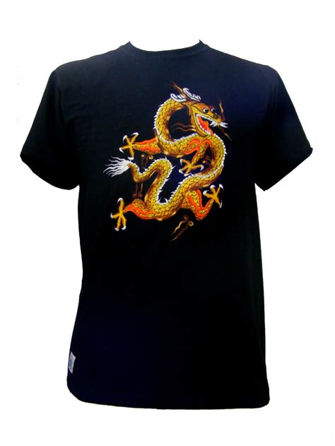 Fair Trade Embroidered Golden Chinese Dragon T Shirt Black T Shirt