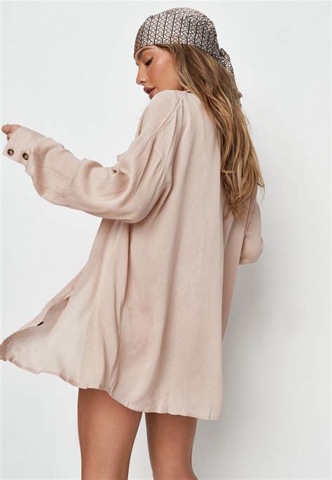 Stone Linen Look Beach Cover Up Oversized Shirt | Missguided Ireland
