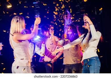 Group Friends Dancing Nightclub Celebrating Champagne Stock Photo