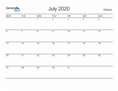 Printable July 2020 Monthly Calendar With Holidays For Greece