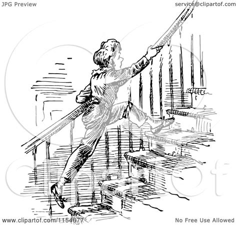 Clipart Of A Retro Vintage Black And White Boy Running Up Stairs
