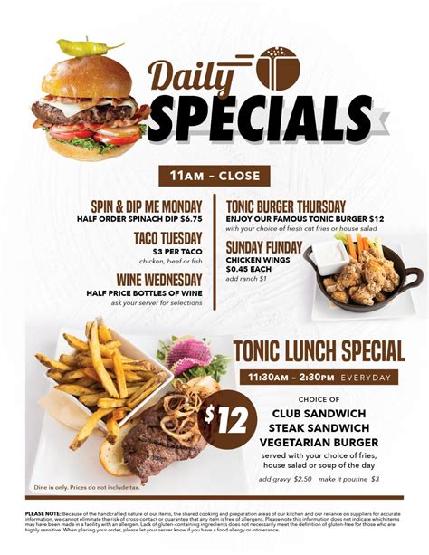 Daily Specials Tonic Kitchenbar
