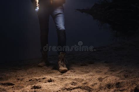 Man With Flashlight Walking Near River Stock Photo Image Of Copy