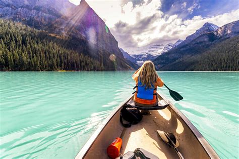 Canada Alberta Banff National Park Canoeing On Lake Louise Stock Photo
