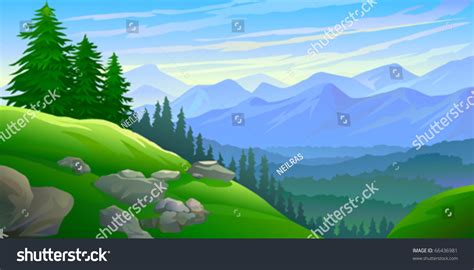 Hillside Pine Trees And Distant Mountains Stock Vector Illustration