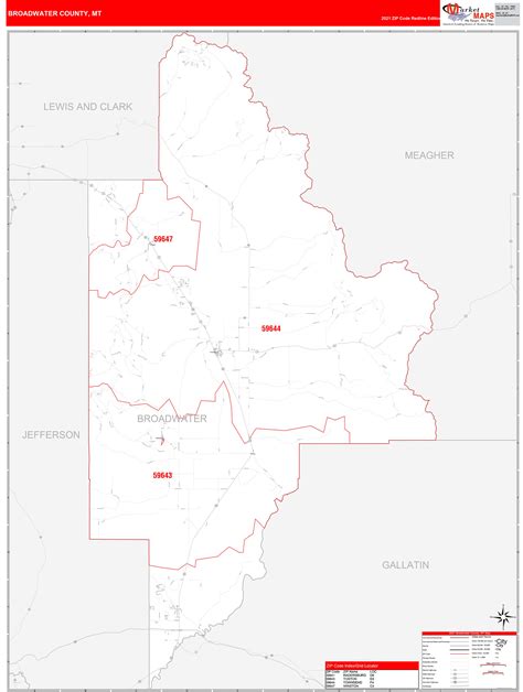 Broadwater County, MT Zip Code Wall Map Red Line Style by MarketMAPS