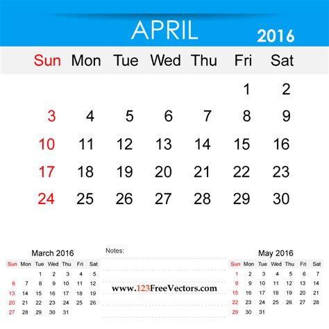 April 2016 Calendar Printable Download Free Vector Art Free Vectors