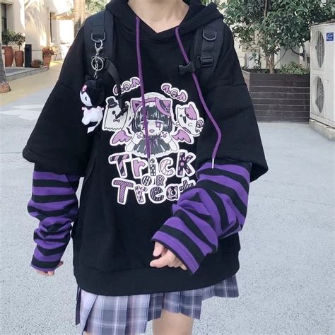 Anime Girl Cartoon Casual Stripe Loose Oversized Hoodie Sweater