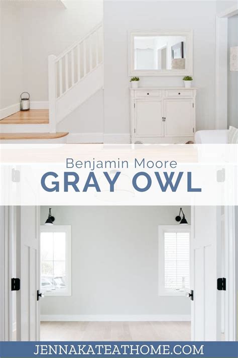 Grey and blue family room features walls painted gray, benjamin moore shoreline, lined with a grey tufted sofa with silver nailhead trim lined with gray chevron pillows facing a gray scroll bench with white piping across from a cream mirrored tray coffee. Benjamin Moore Gray Owl (Paint Color Review) | Jenna Kate ...