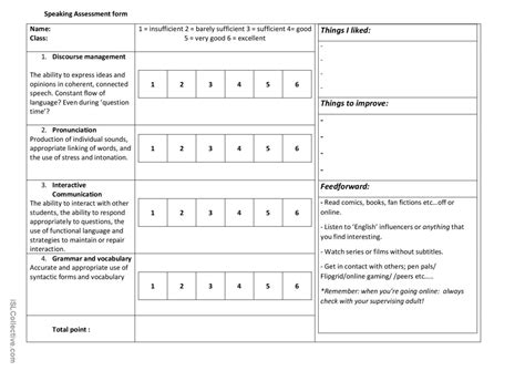 Formative Speaking Assessment Form R English Esl Worksheets Pdf And Doc