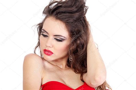 Sensual Sexy Beautiful Lady Woman In Red With Red Lips On White Stock Photo VictoriaAndrea