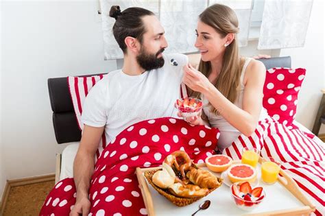 Young Couple Having Breakfast In Bed Stock Image Image Of Couple