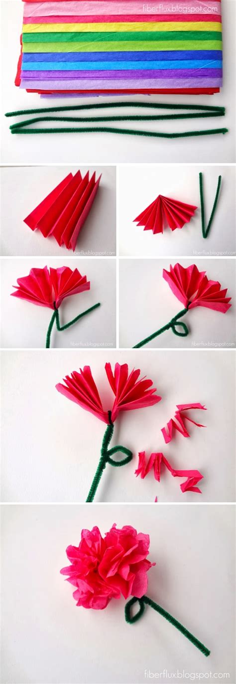 These craft stick tissue paper flowers will make the most wonderful display in the classroom as well as a thoughtful kid made gift for mother's day (and bright pink, light pink, and white tissue paper 3″ and 2″ scalloped circle cookie cutter pen/pencil scissors wavy craft sticks teal green craft paint stapler. Easy Tissue Paper Flowers