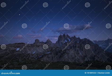 Mountains At Three Peaks In The Dolomite Alps During Night With Stars
