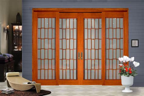 Teak Main Glass Lattice Wood 4 Panel Balcony Sliding Door