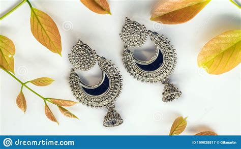 Indian Style Earrings Silver Chandbali With Mirror Patch Stock Image