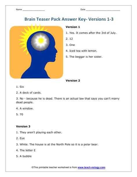 answer key printable brain teasers with answers