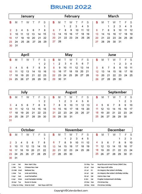 Free Printable Brunei Calendar 2022 With Holidays