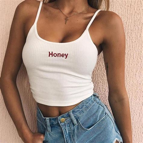 2019 Women Honey Letter Strap Tank Tops 2018 Female Slip Crop Tops Sexy Camis Club Camisoles
