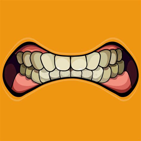 Cartoon Grinning Mouth With Clenched Teeth On A Yellow Background Stock