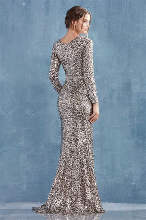 Long Sleeve Leopard Print Sequin Gown By Cinderella Divine A0938b